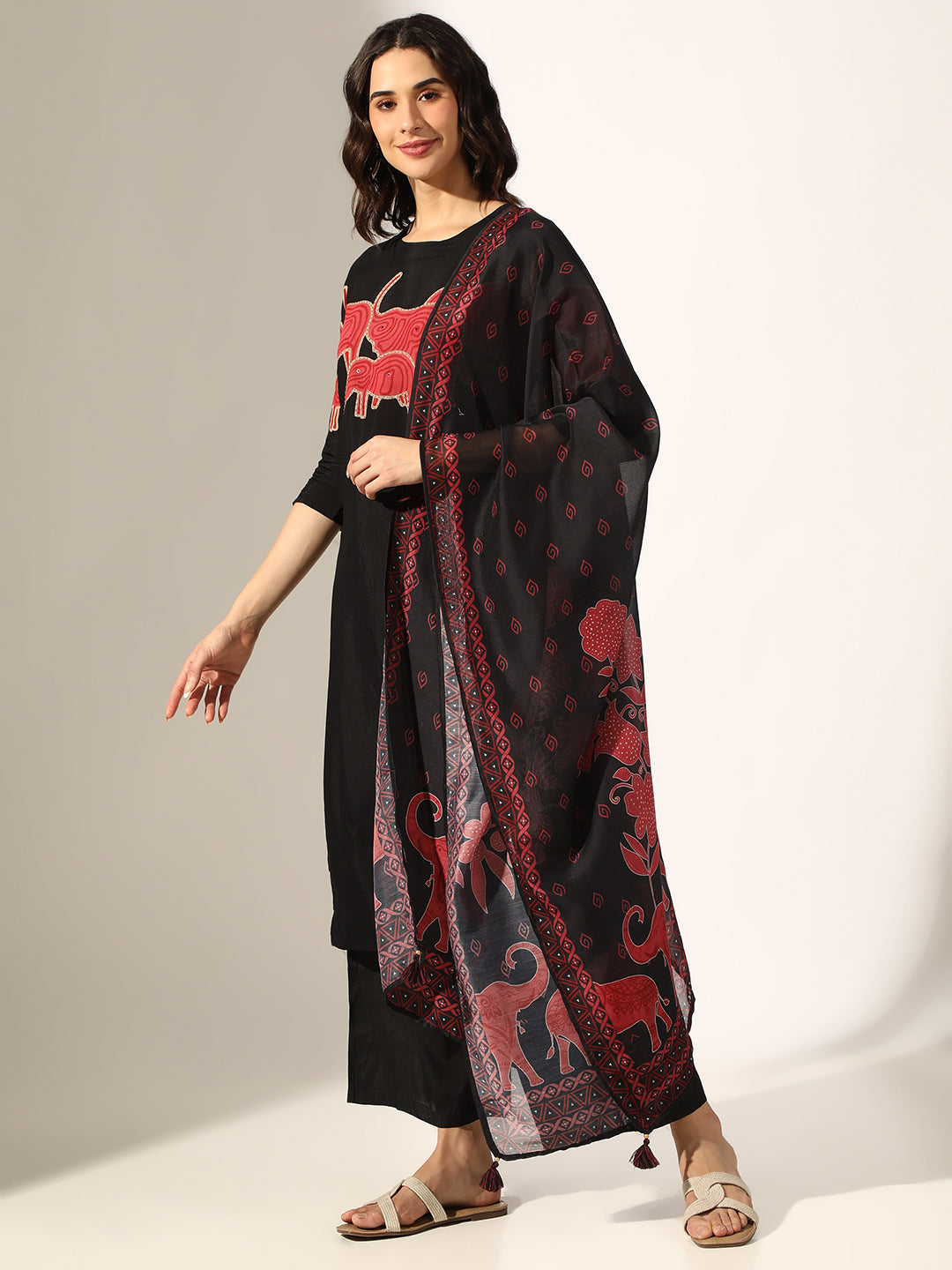 Women's Printed Black Kurta Set with Dupatta