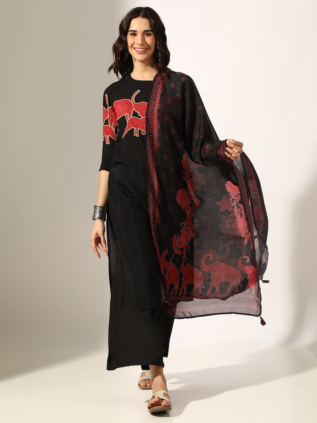 Women's Printed Black Kurta Set with Dupatta