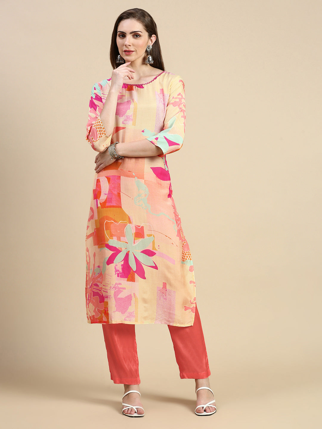 Women Abstract Peach A-Line Kurta Set