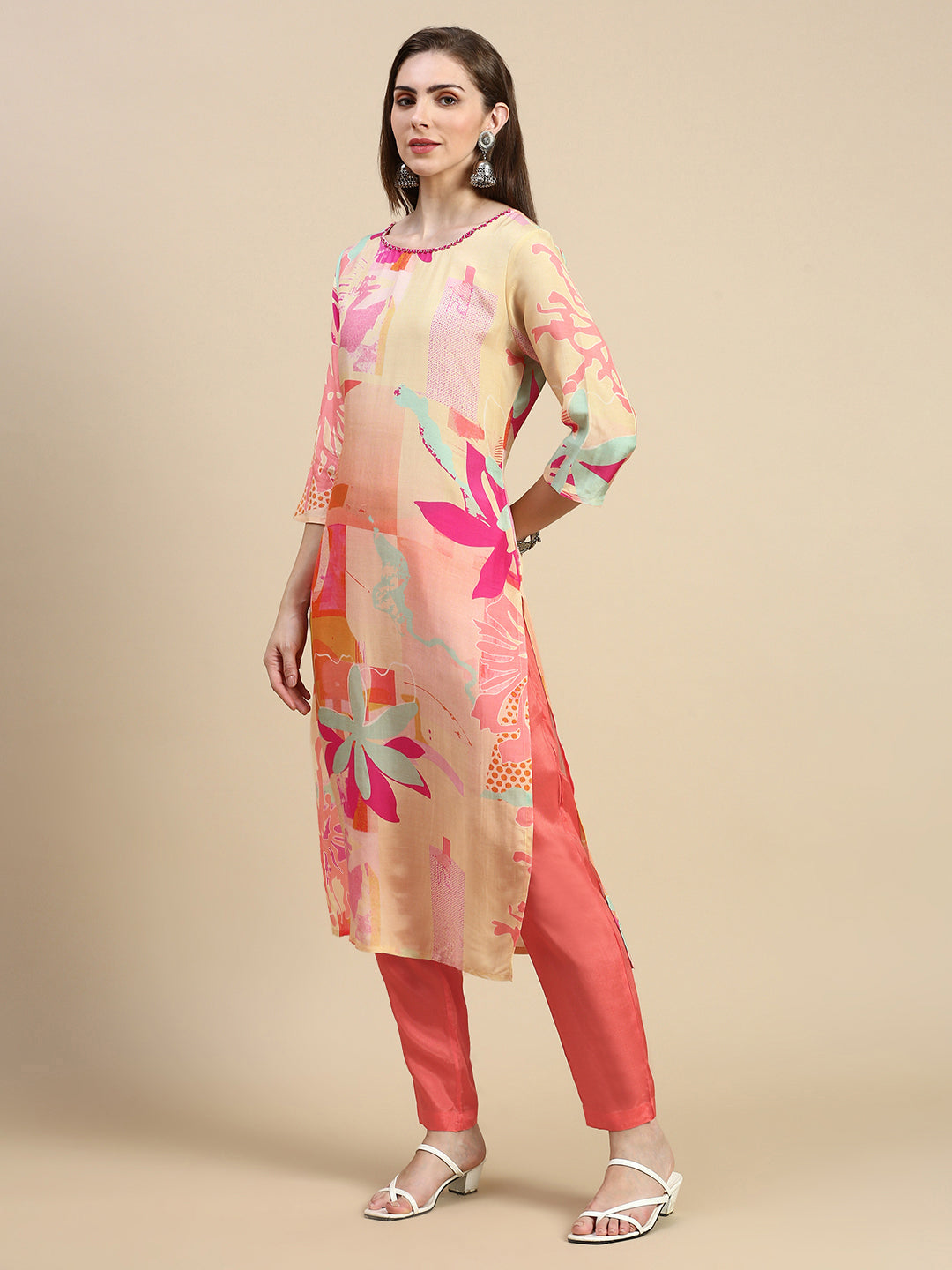 Women Abstract Peach A-Line Kurta Set