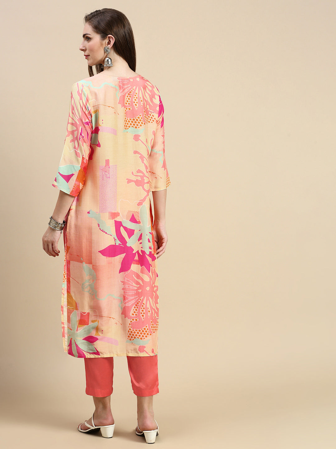 Women Abstract Peach A-Line Kurta Set