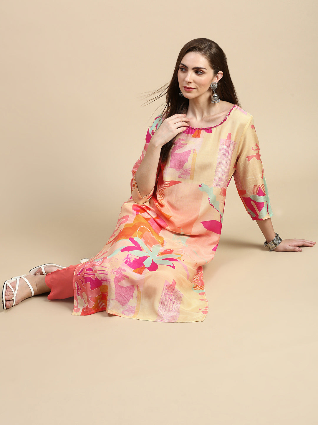 Women Abstract Peach A-Line Kurta Set