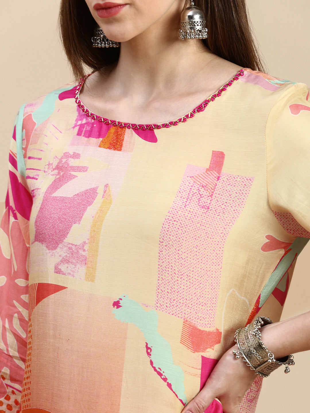 Women Abstract Peach A-Line Kurta Set