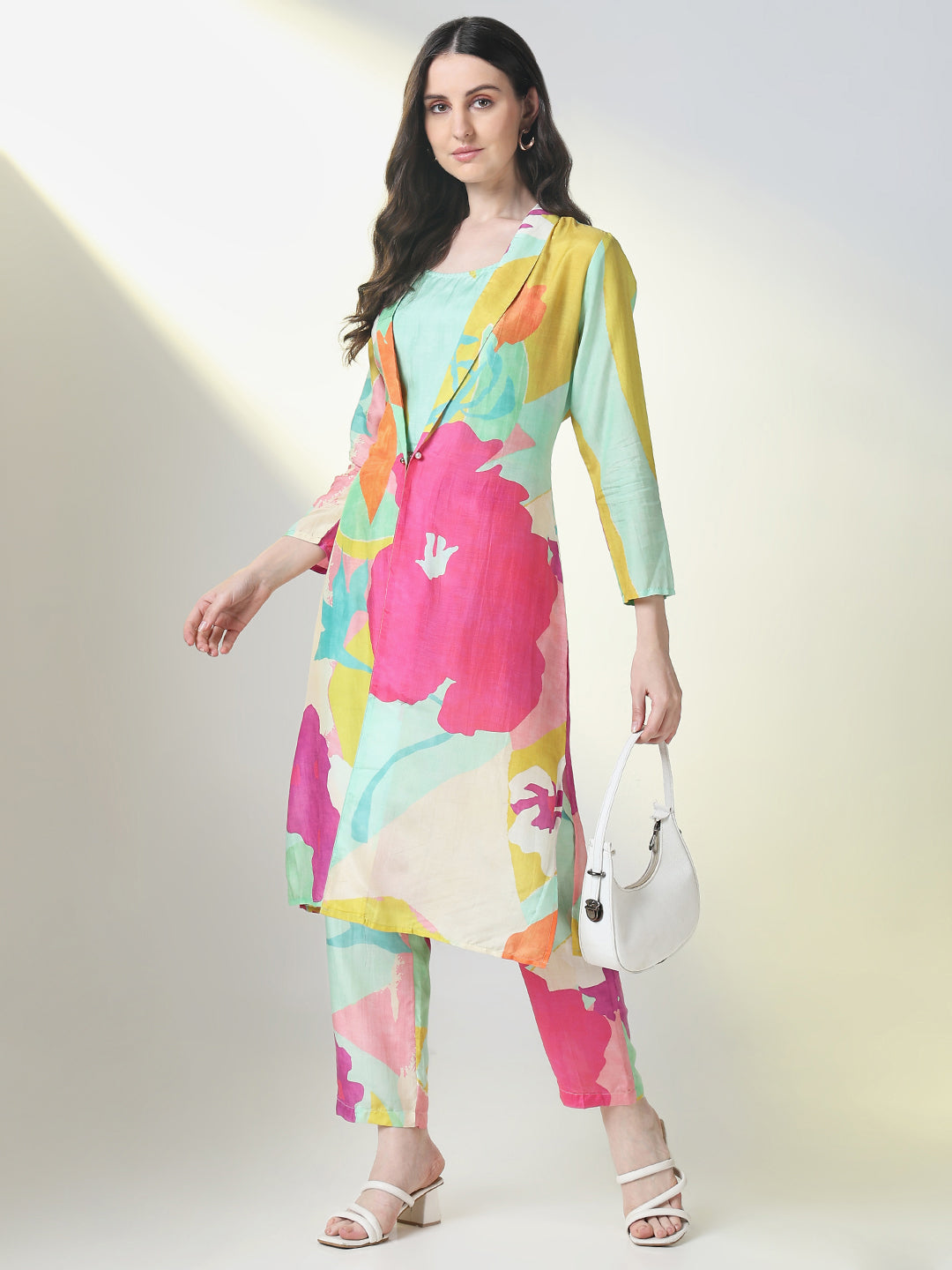 Women Multi Color Printed Co Ords Set with Overcoat