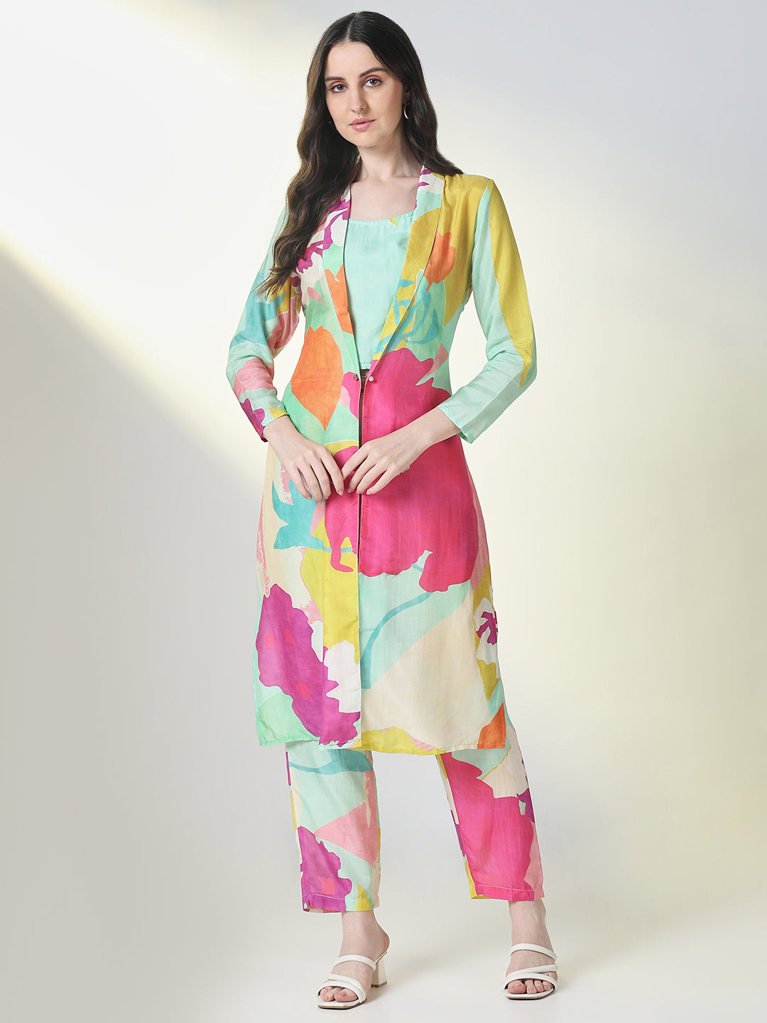 Women Multi Color Printed Co Ords Set with Overcoat