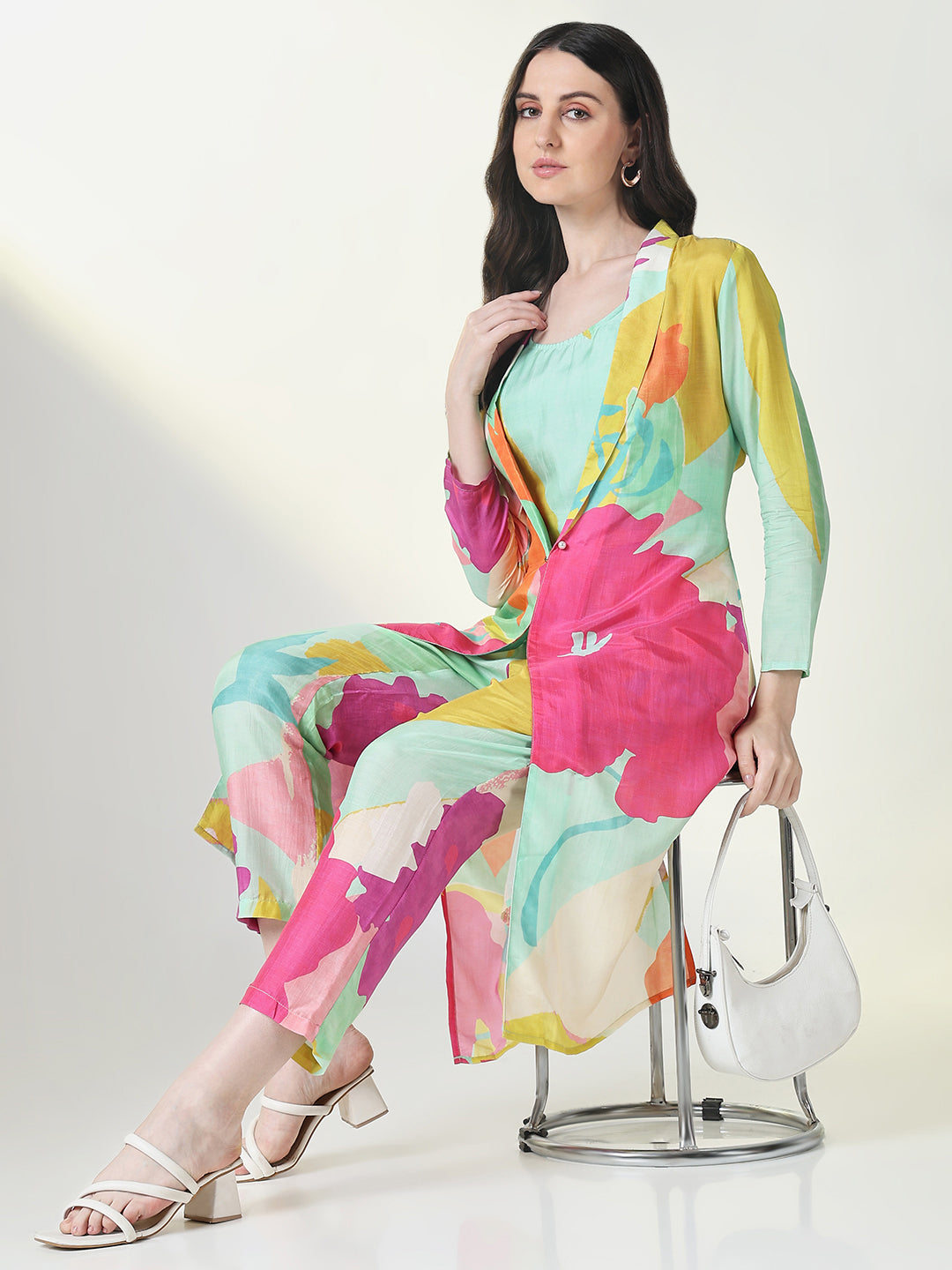 Women Multi Color Printed Co Ords Set with Overcoat