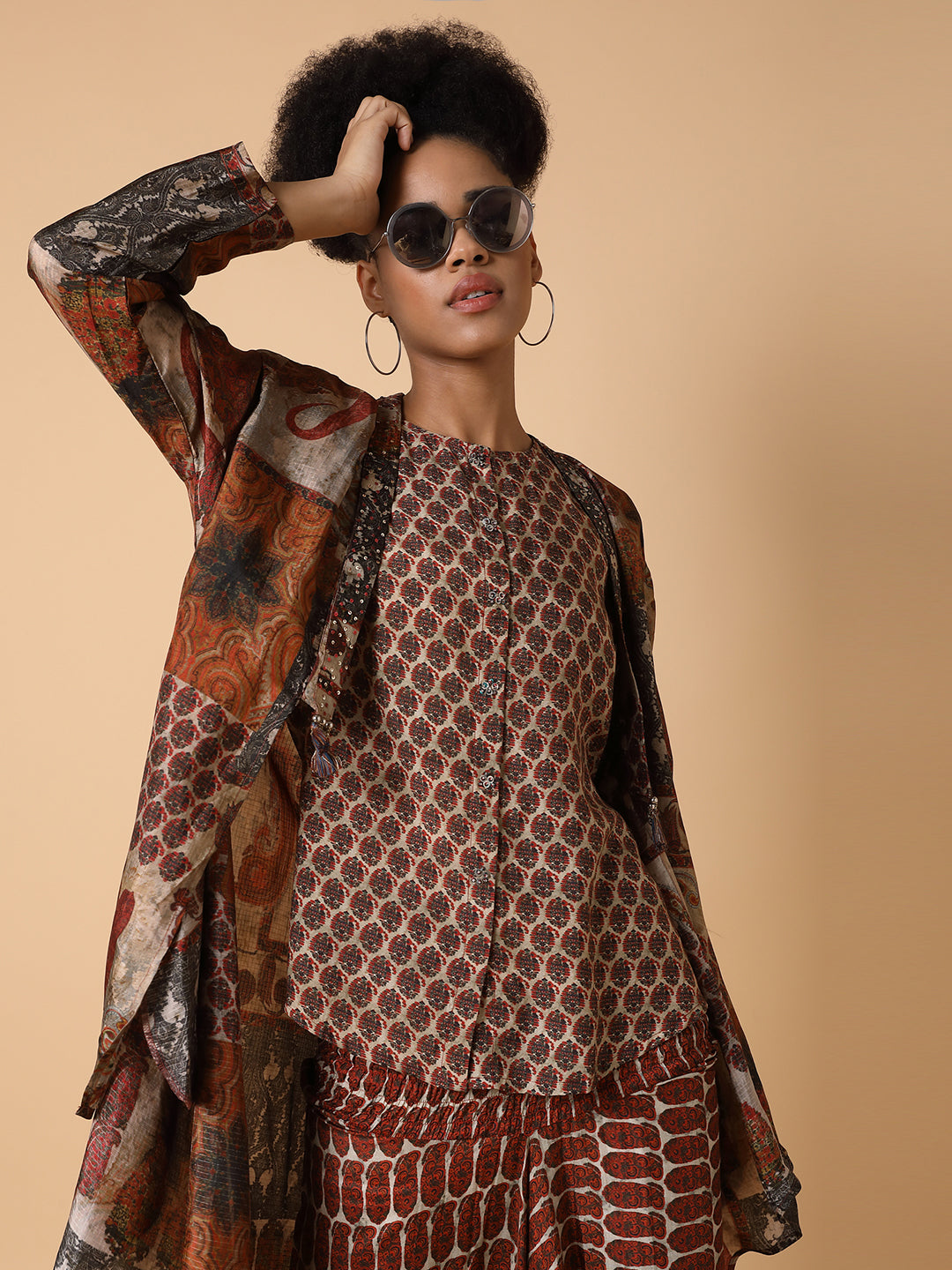 Women Printed Round Neck Brown Co-Ord Set