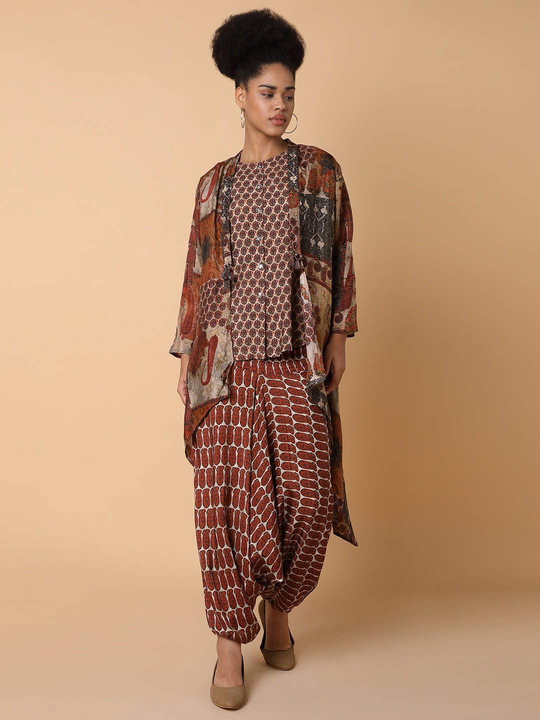 Women Printed Round Neck Brown Co-Ord Set