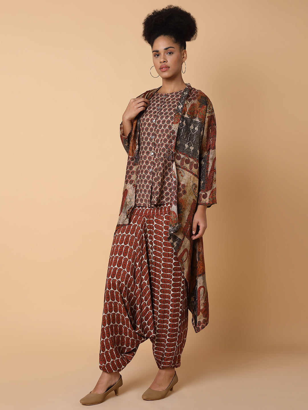 Women Printed Round Neck Brown Co-Ord Set