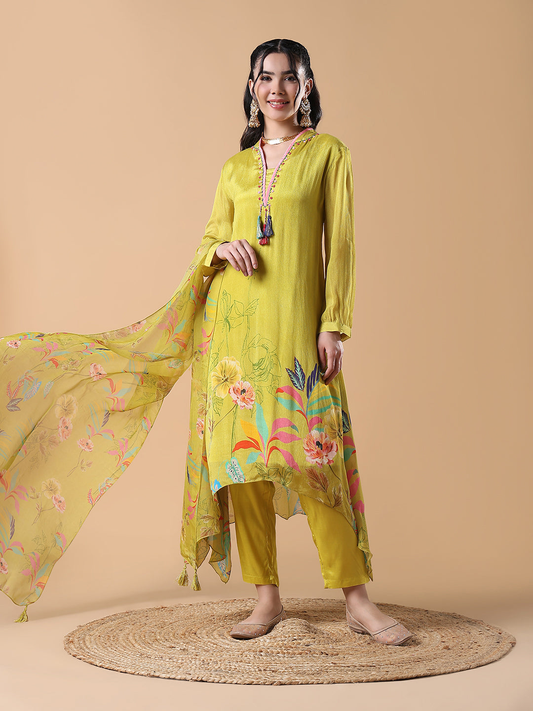 Women Floral Asymmetric Anarkali Green Kurta Set with Dupatta