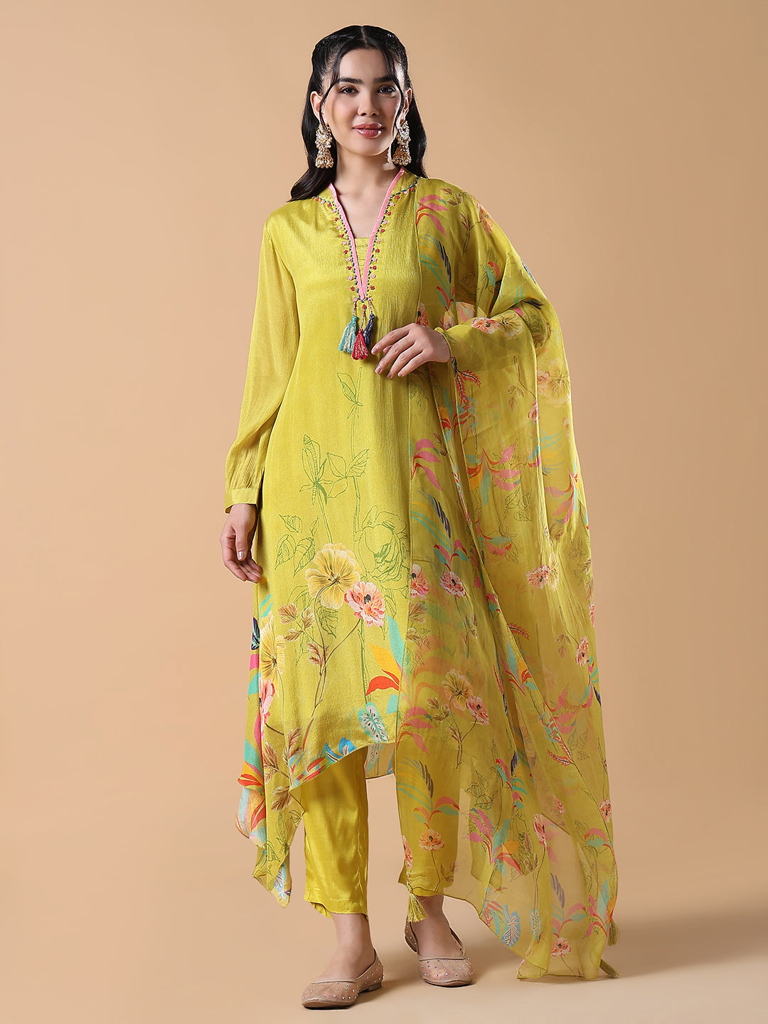 Women Floral Asymmetric Anarkali Green Kurta Set with Dupatta