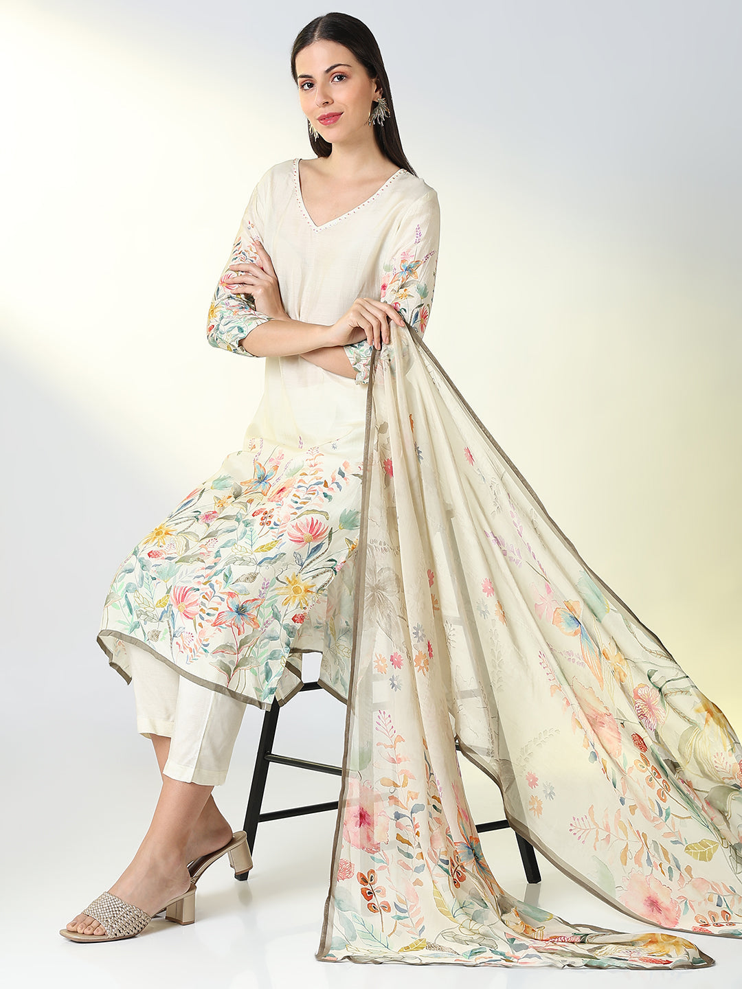 Women Cream Floral Straight Kurta Set with Dupatta