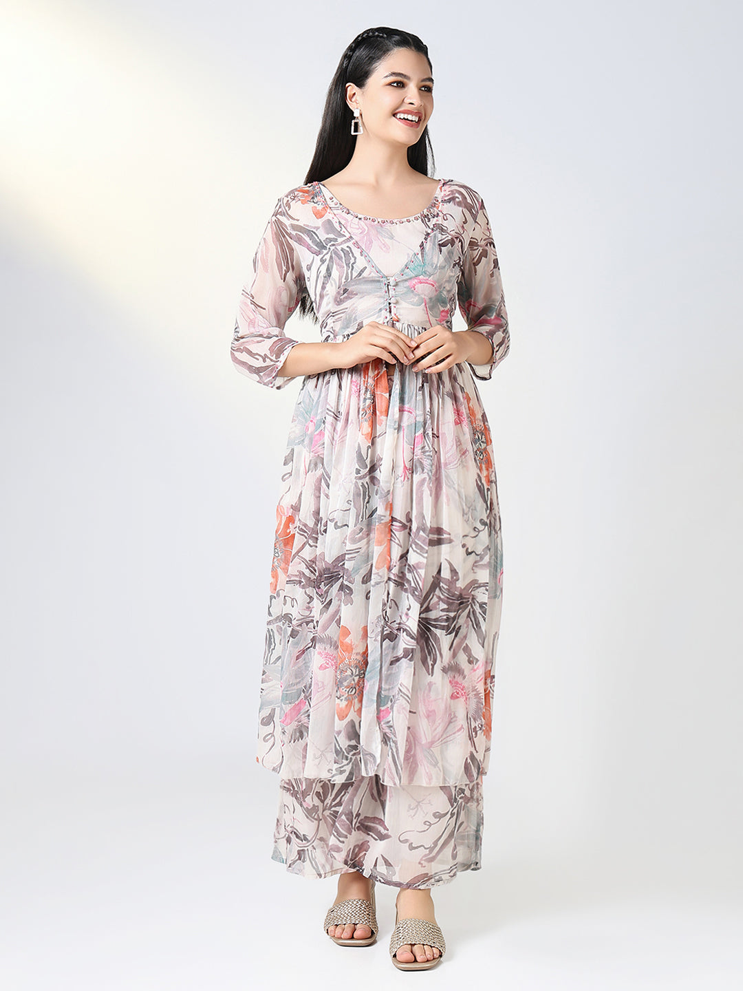 Women Peach Floral Printed Co Ords Set with Overcoat