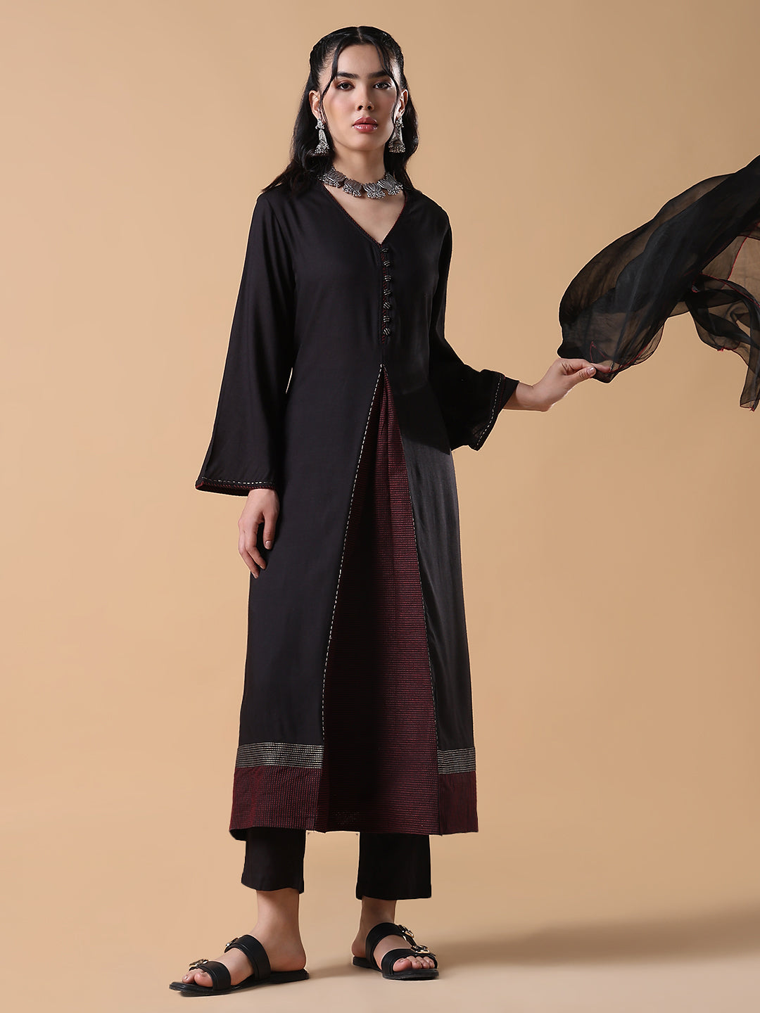 Women Cotton Solid Anarkali Black Kurta Set with Dupatta