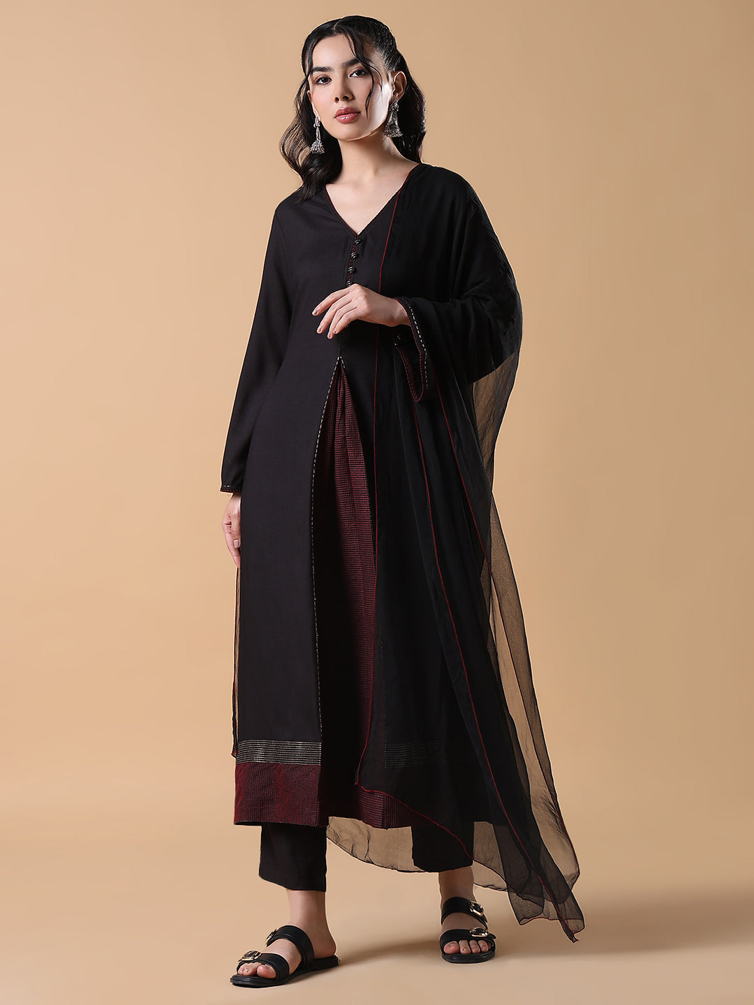 Women Cotton Solid Anarkali Black Kurta Set with Dupatta