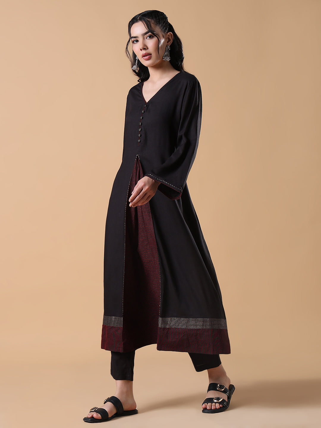 Women Cotton Solid Anarkali Black Kurta Set with Dupatta