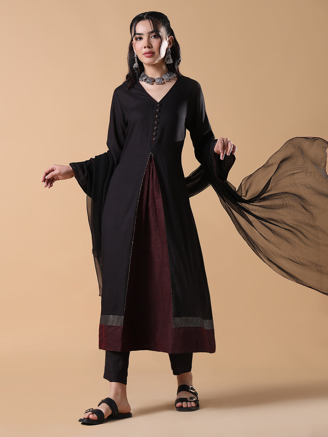 Women Cotton Solid Anarkali Black Kurta Set with Dupatta