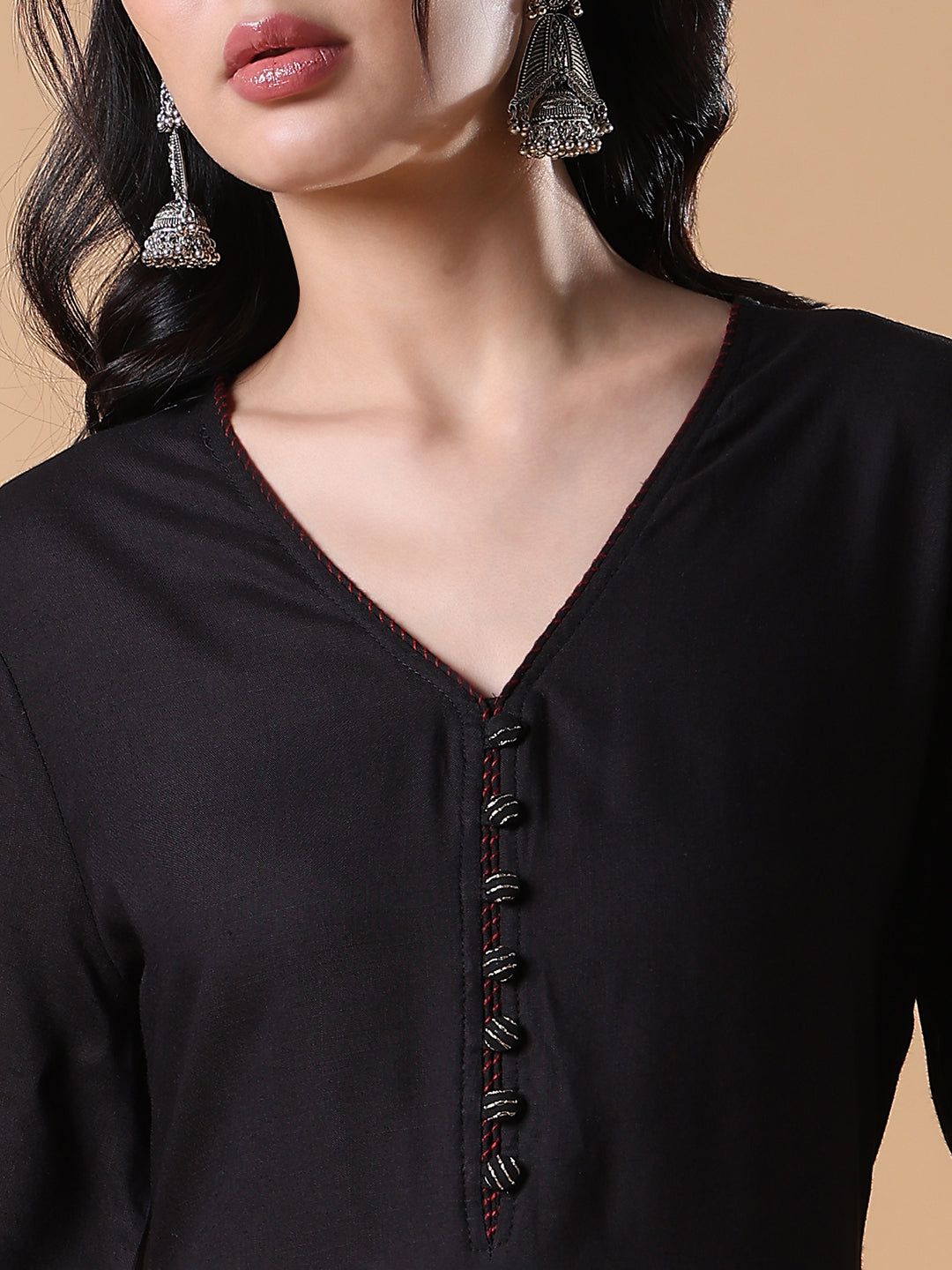 Women Cotton Solid Anarkali Black Kurta Set with Dupatta