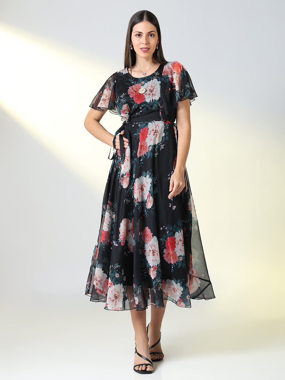 Women Black Floral A Line Dress