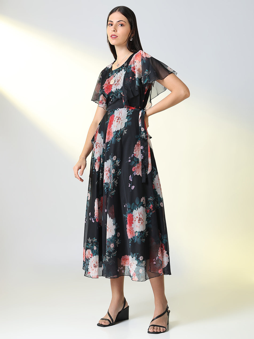 Women Black Floral A Line Dress