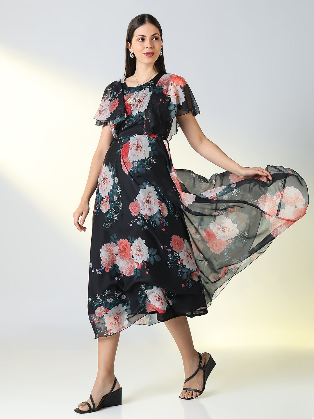 Women Black Floral A Line Dress