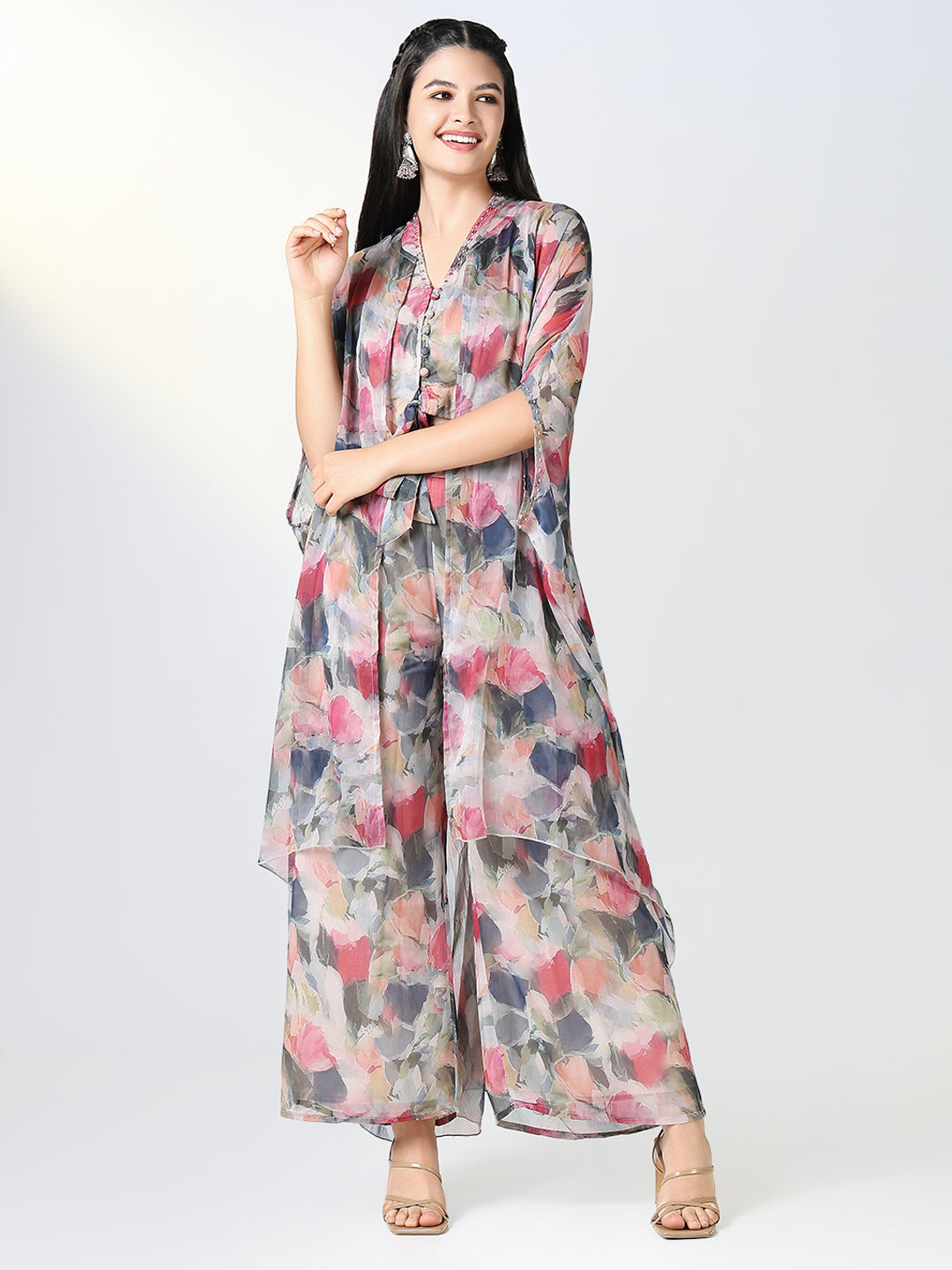 Women Grey & Red Floral Printed Co Ords Set with Overcoat