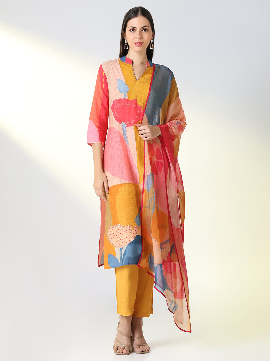 Women Mustard Floral Straight Kurta Set with Dupatta