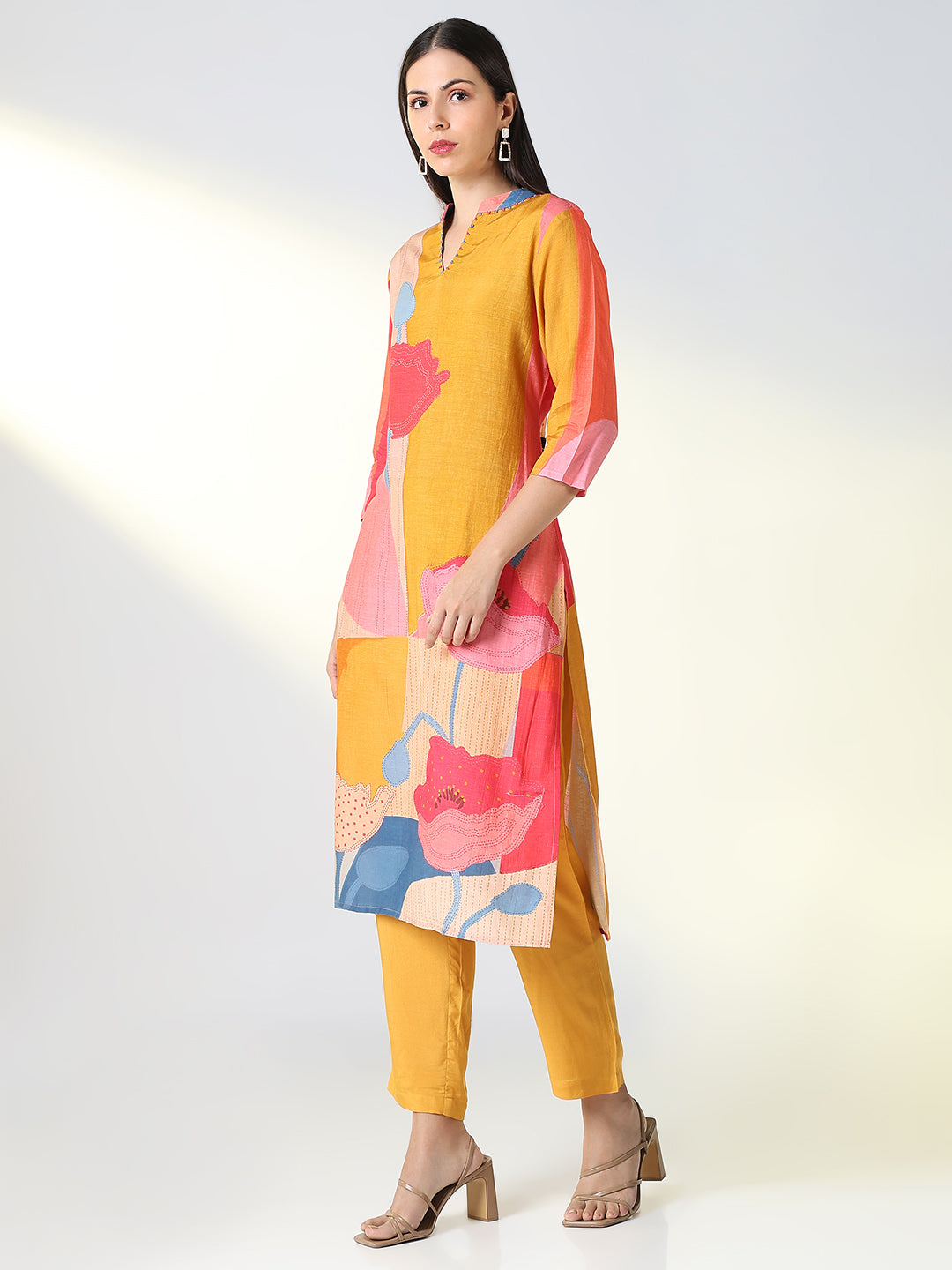 Women Mustard Floral Straight Kurta Set with Dupatta