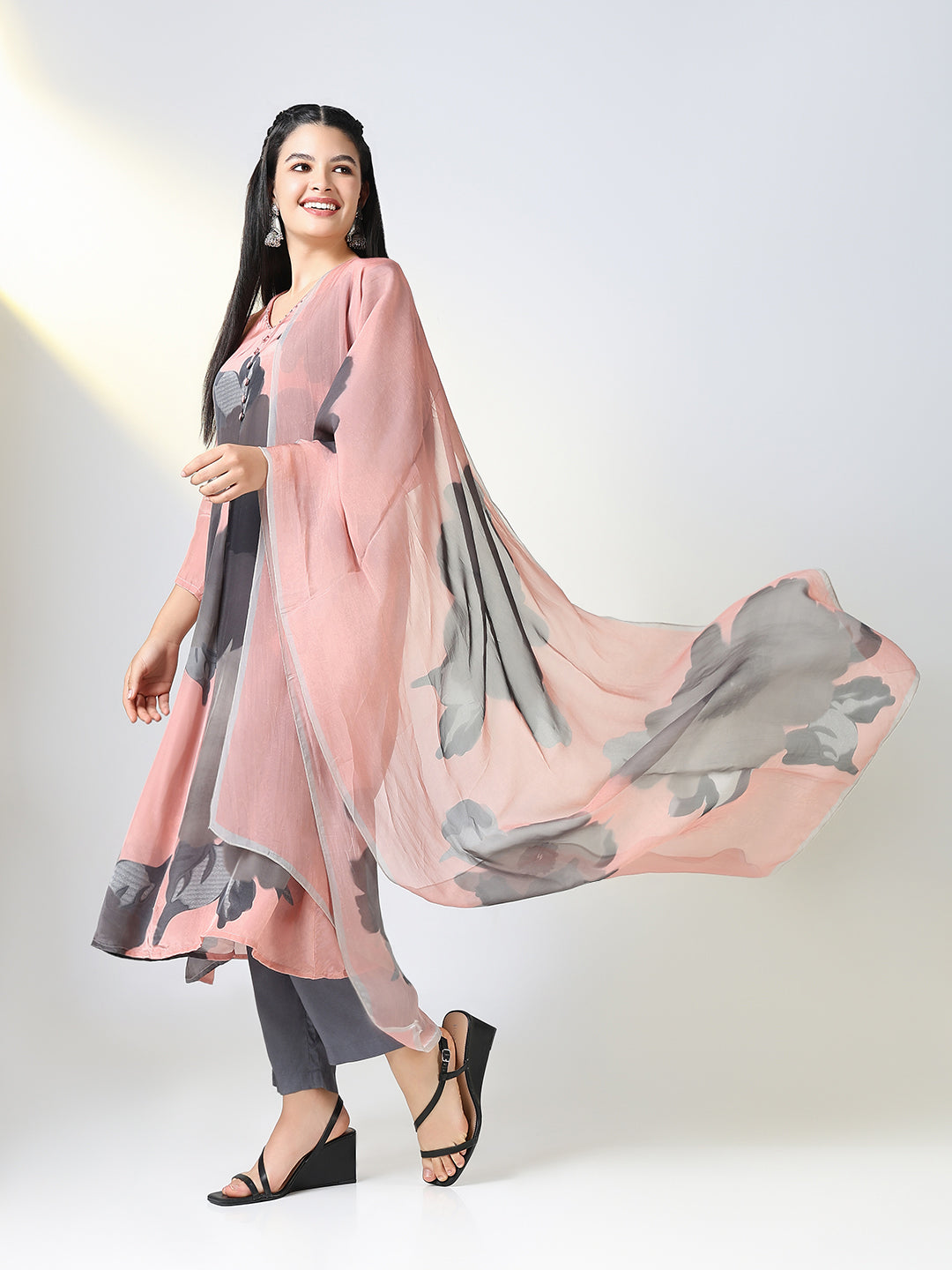 Women Peach Floral A Line Kurta Set with Dupatta