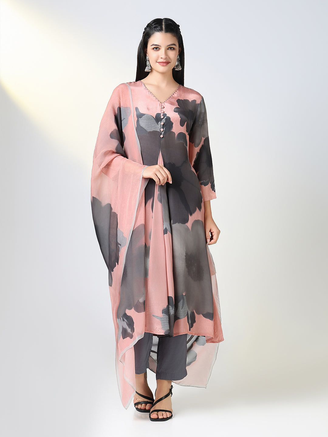 Women Peach Floral A Line Kurta Set with Dupatta