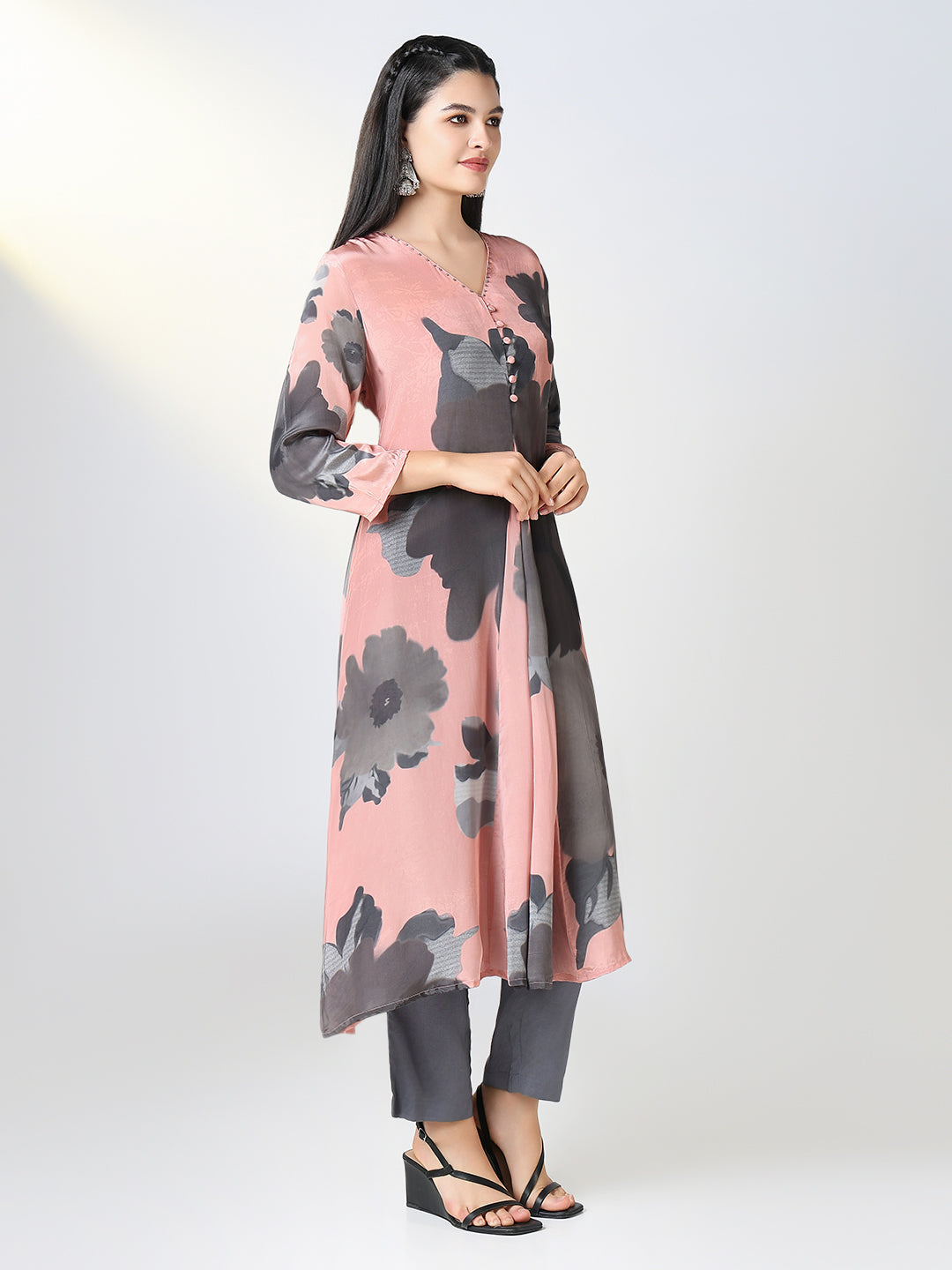 Women Peach Floral A Line Kurta Set with Dupatta