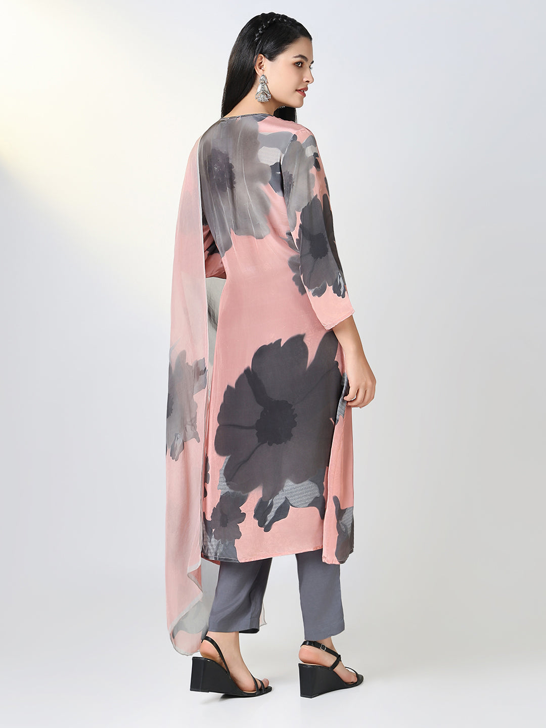 Women Peach Floral A Line Kurta Set with Dupatta