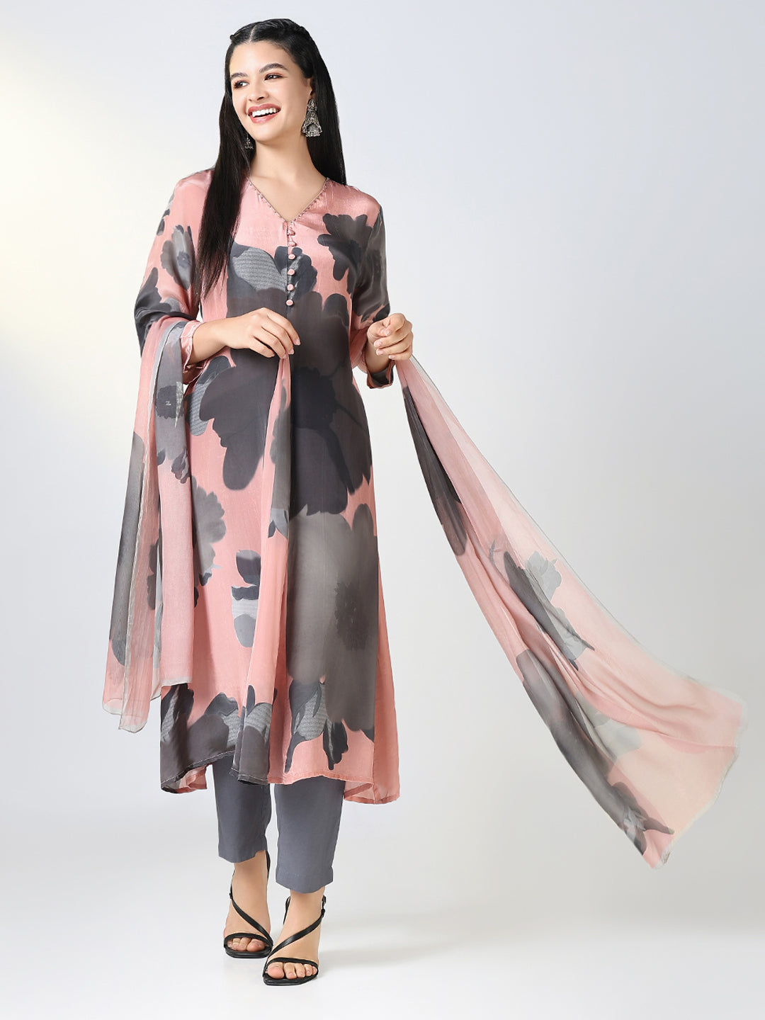 Women Peach Floral A Line Kurta Set with Dupatta