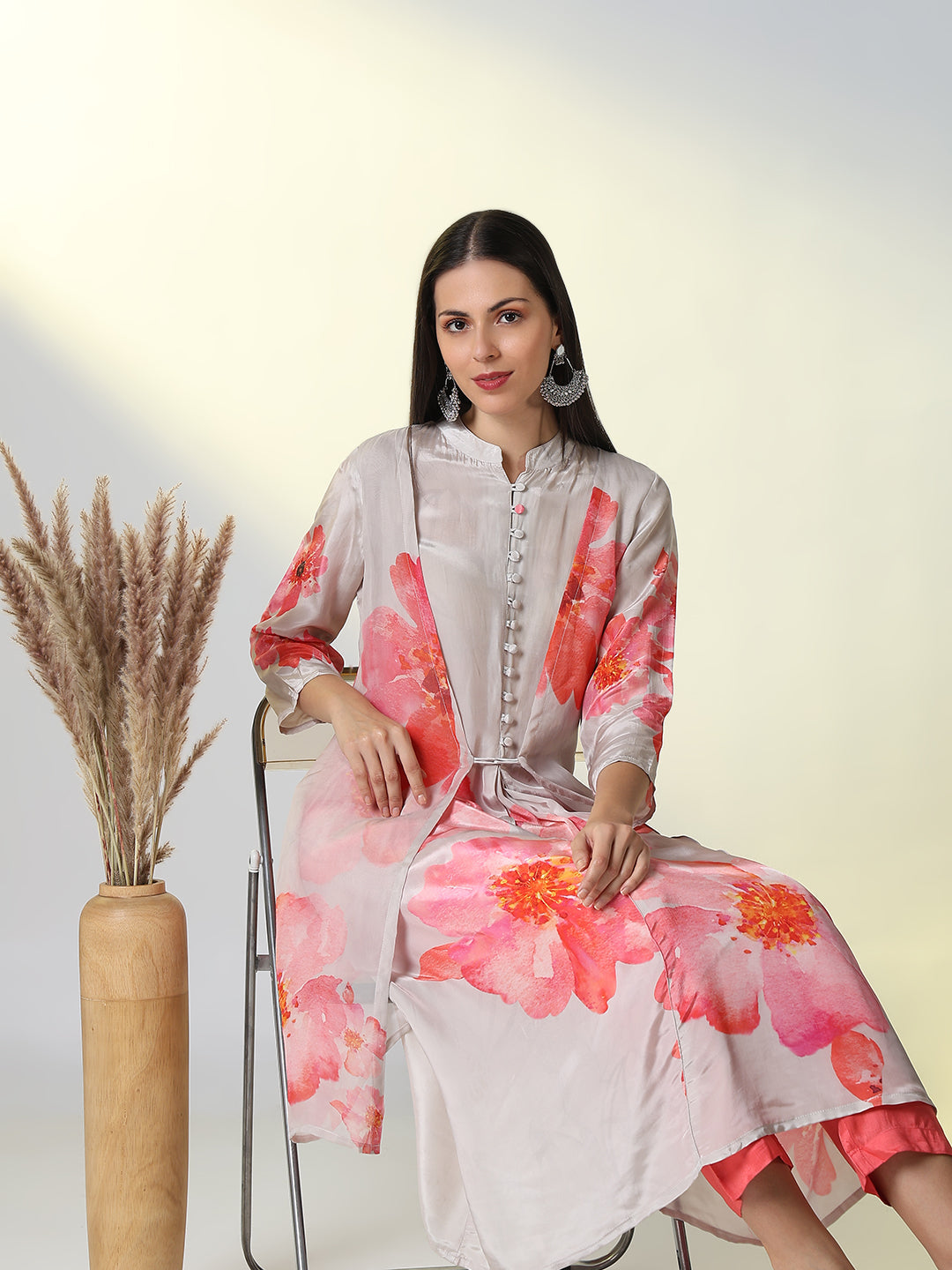 Women Grey Floral A Line Kurta Set