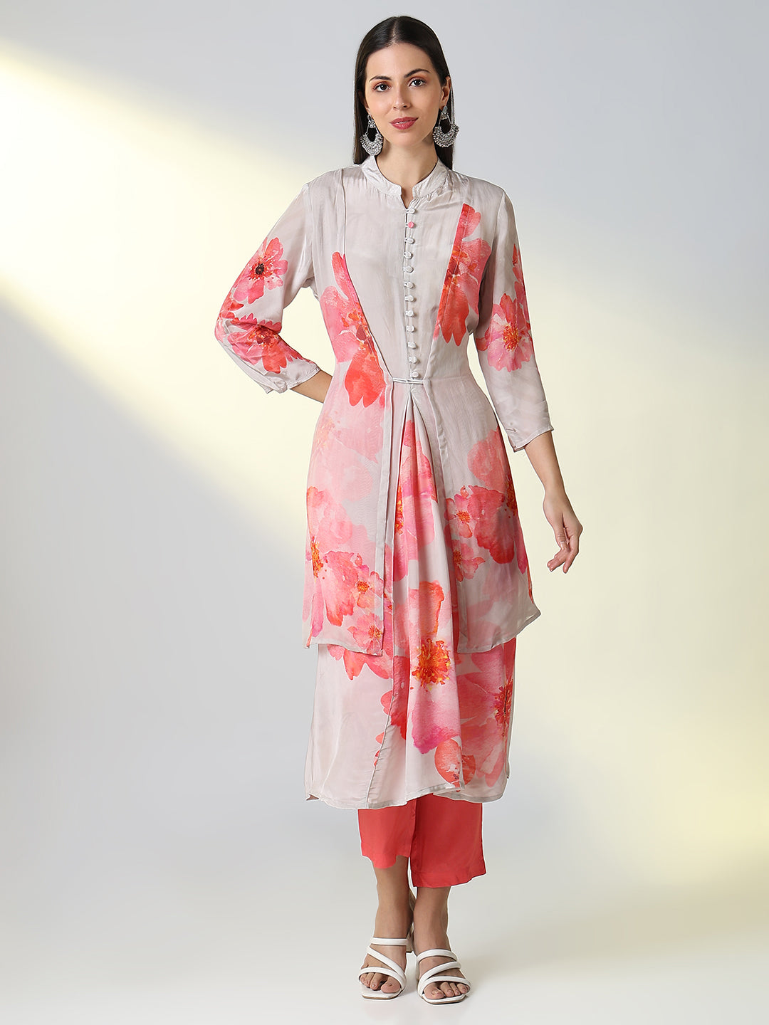 Women Grey Floral A Line Kurta Set