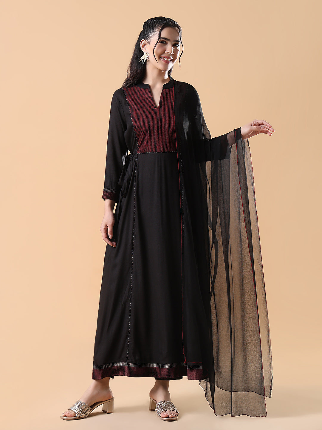 Women Solid Anarkali Black Kurta Set with Dupatta