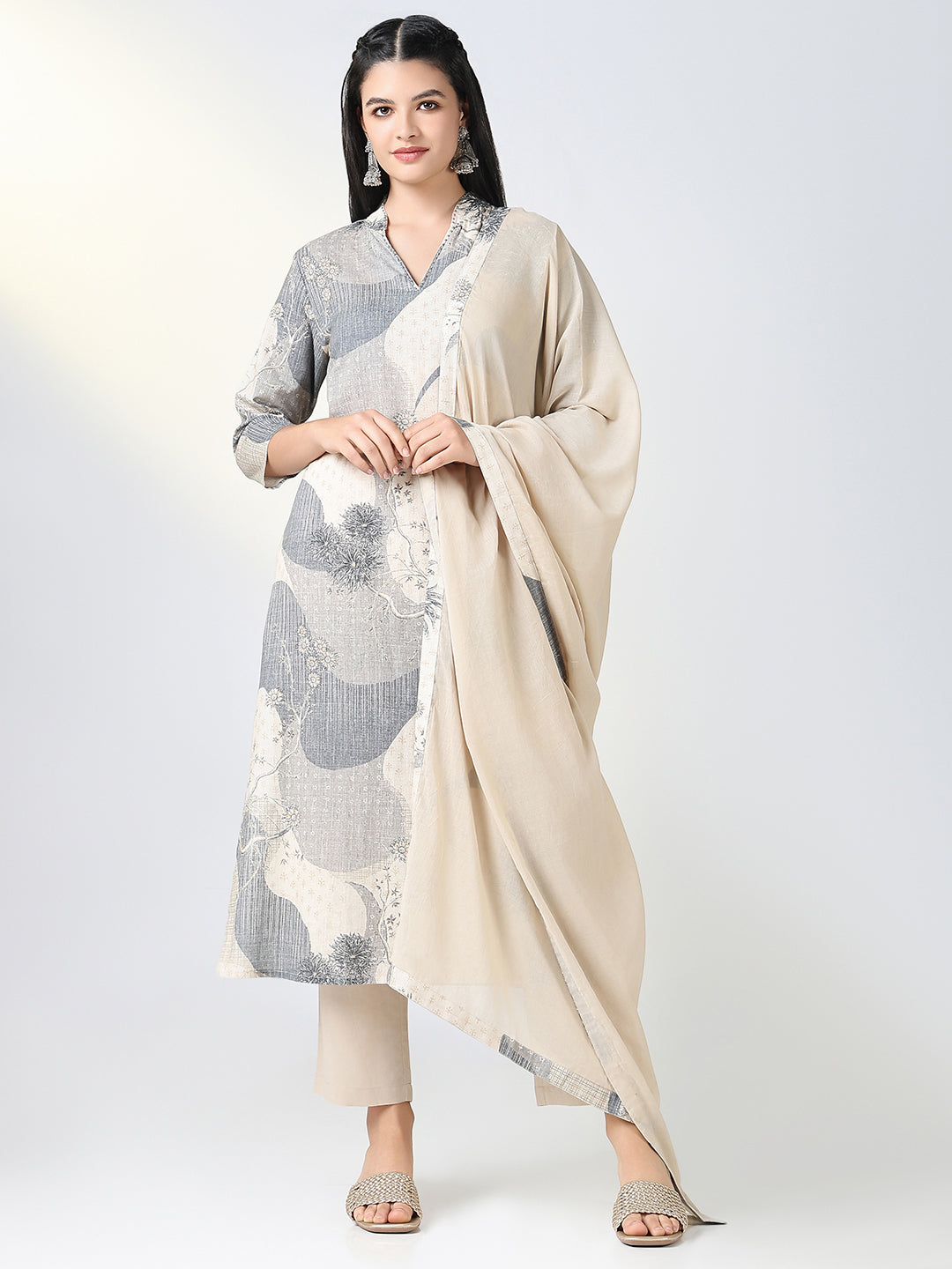 Women Grey Floral Straight Kurta Set with Dupatta