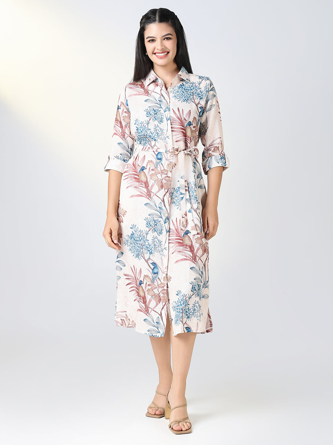 Women Cream Floral Print Shirt Dress with Belt