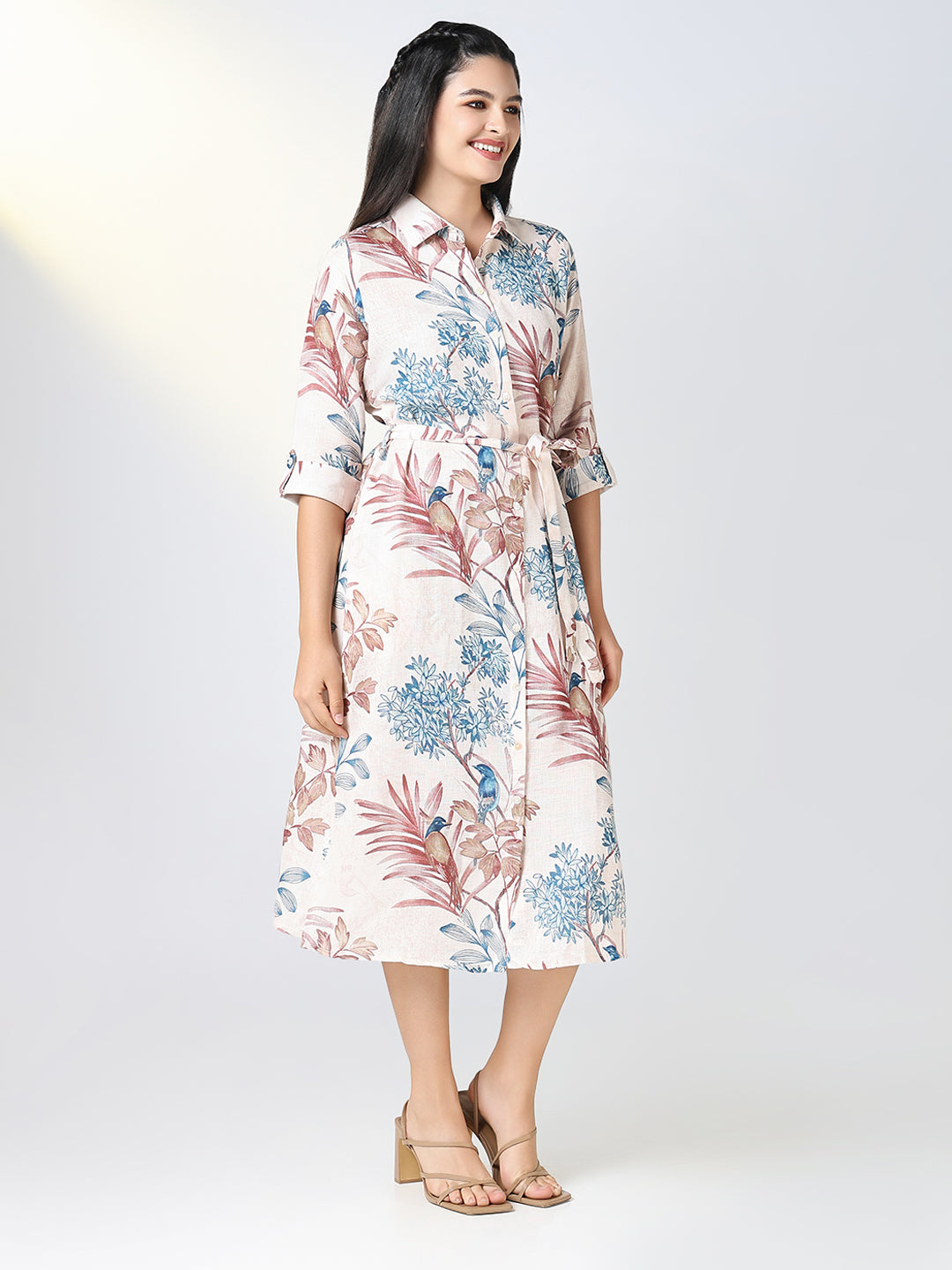 Women Cream Floral Print Shirt Dress with Belt