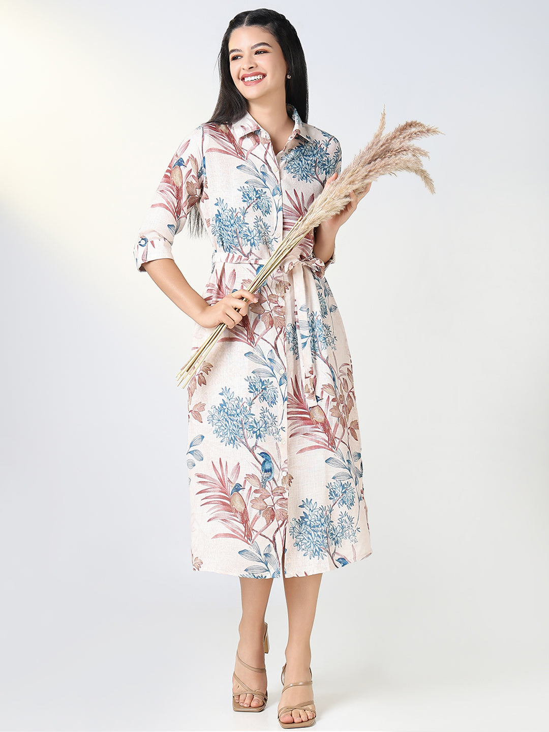 Women Cream Floral Print Shirt Dress with Belt