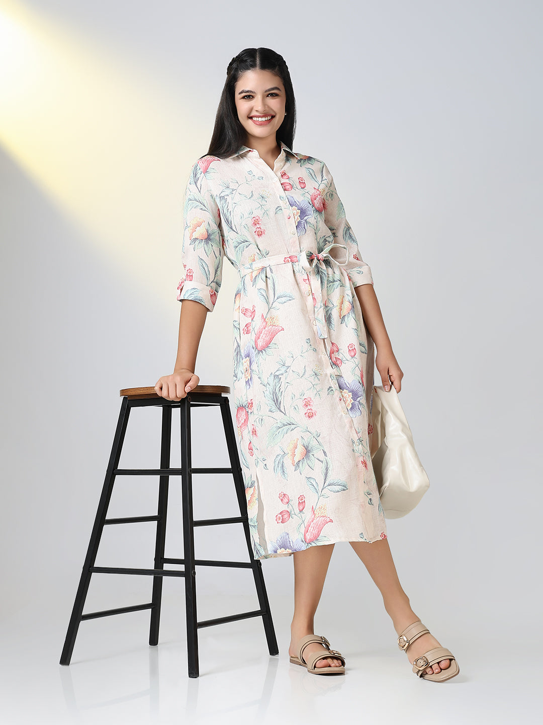 Women Cream Floral Print Shirt Dress with Belt