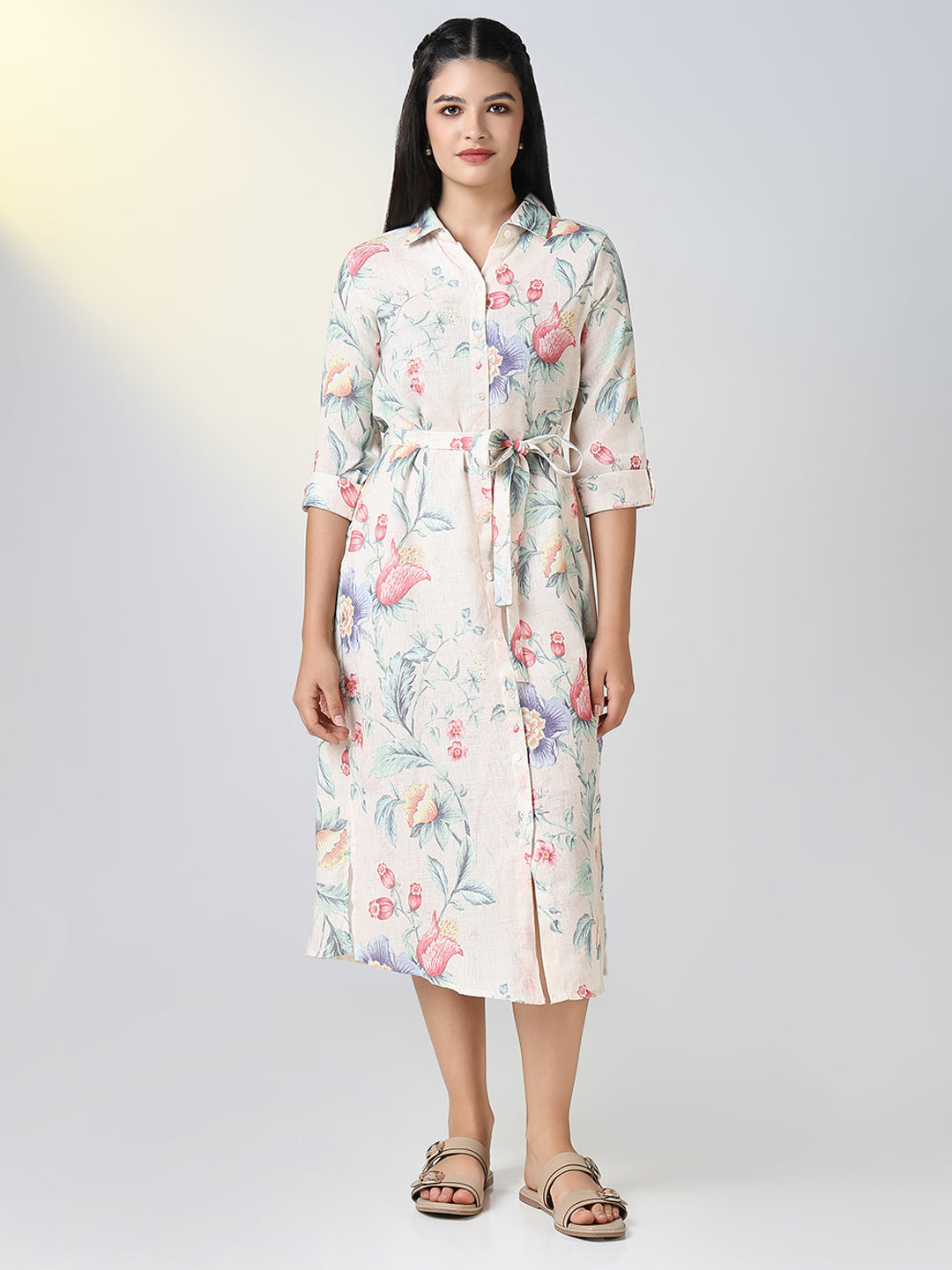 Women Cream Floral Print Shirt Dress with Belt