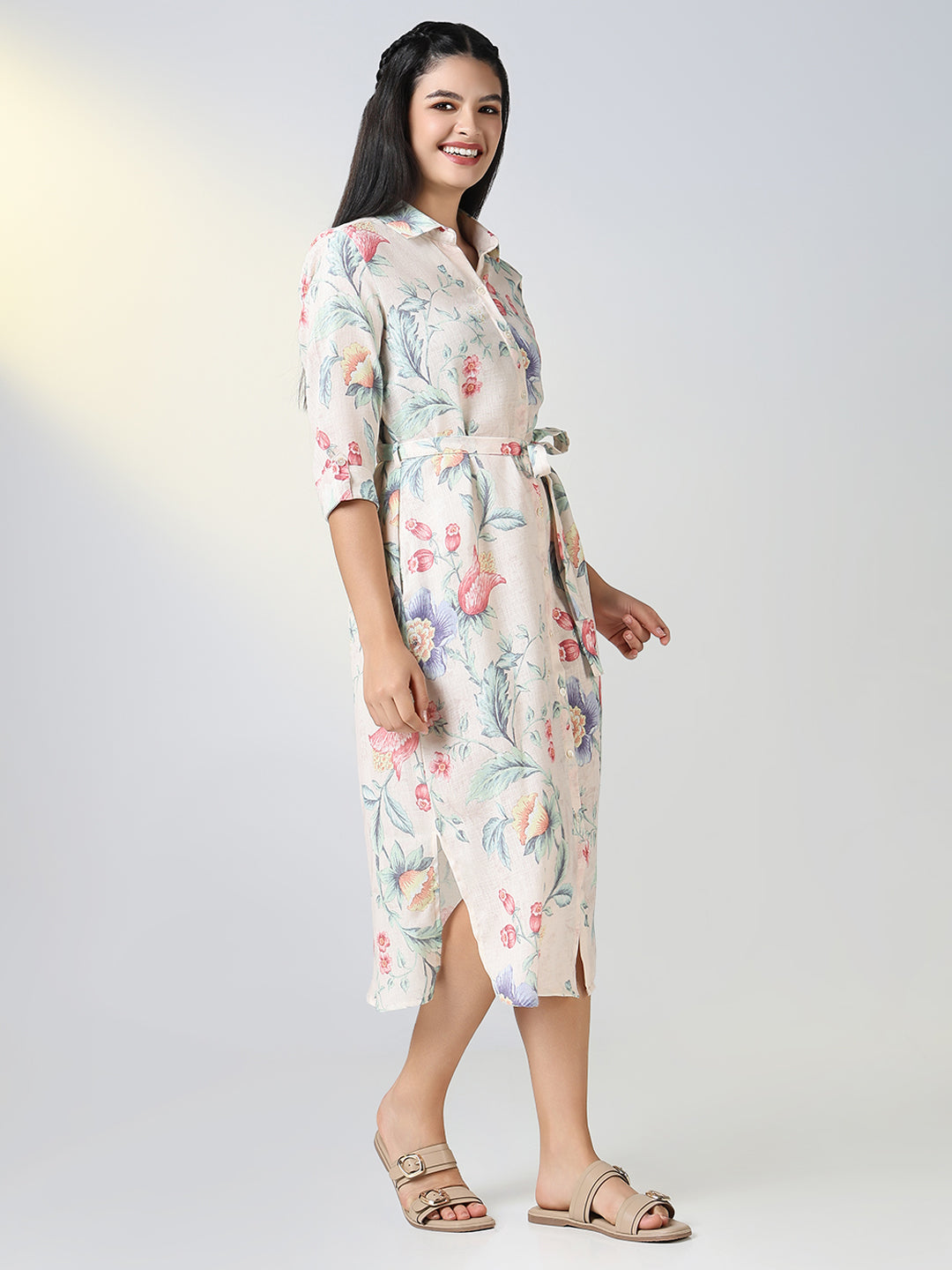 Women Cream Floral Print Shirt Dress with Belt