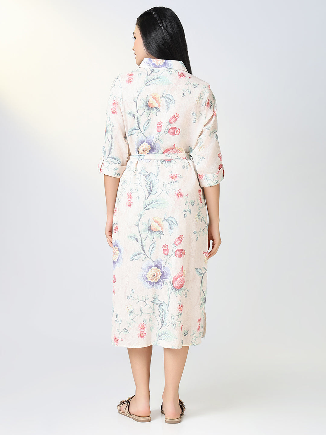 Women Cream Floral Print Shirt Dress with Belt