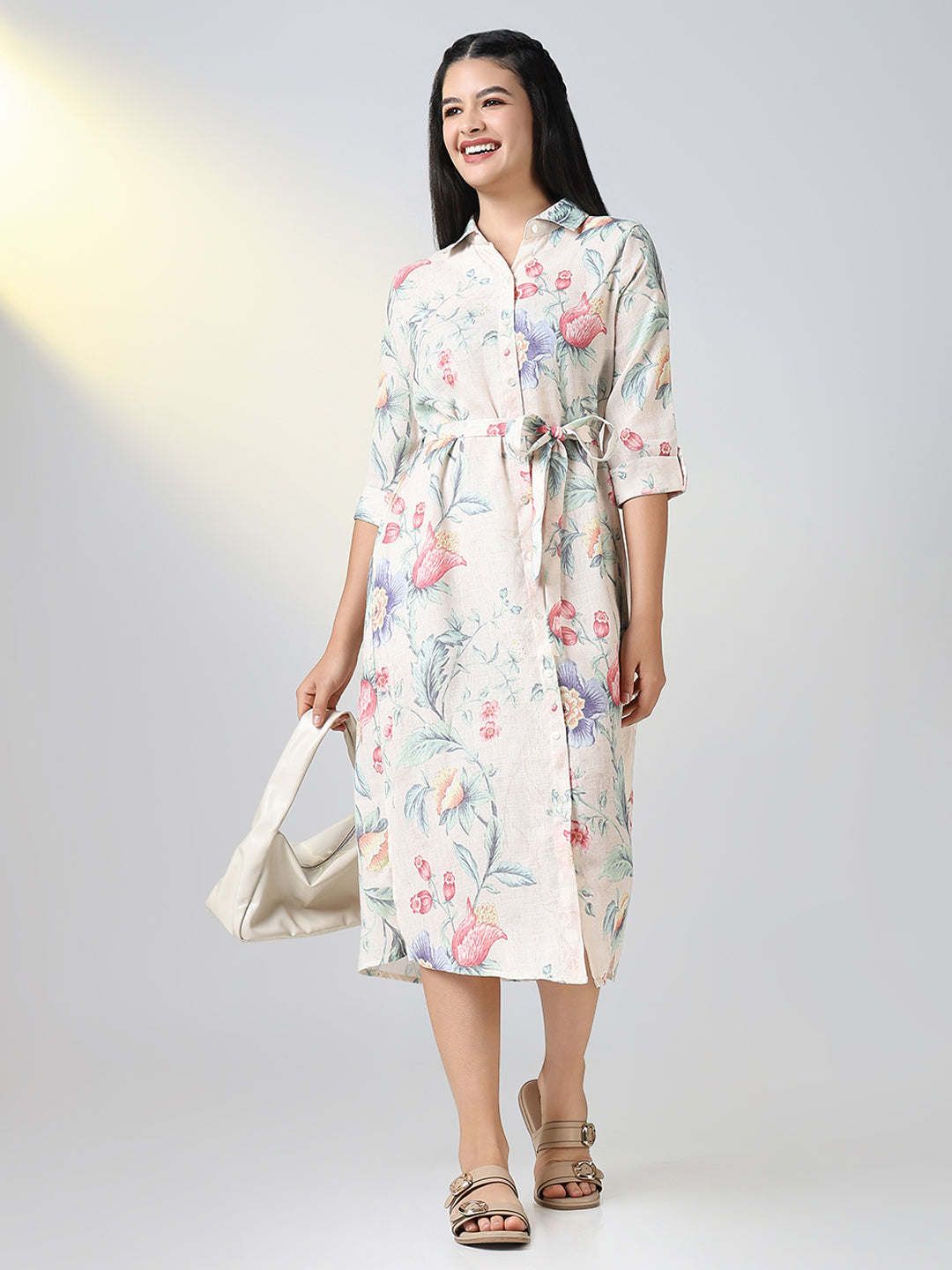 Women Cream Floral Print Shirt Dress with Belt