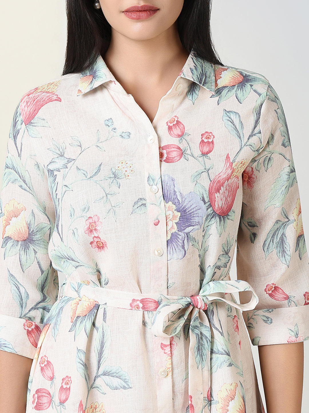 Women Cream Floral Print Shirt Dress with Belt