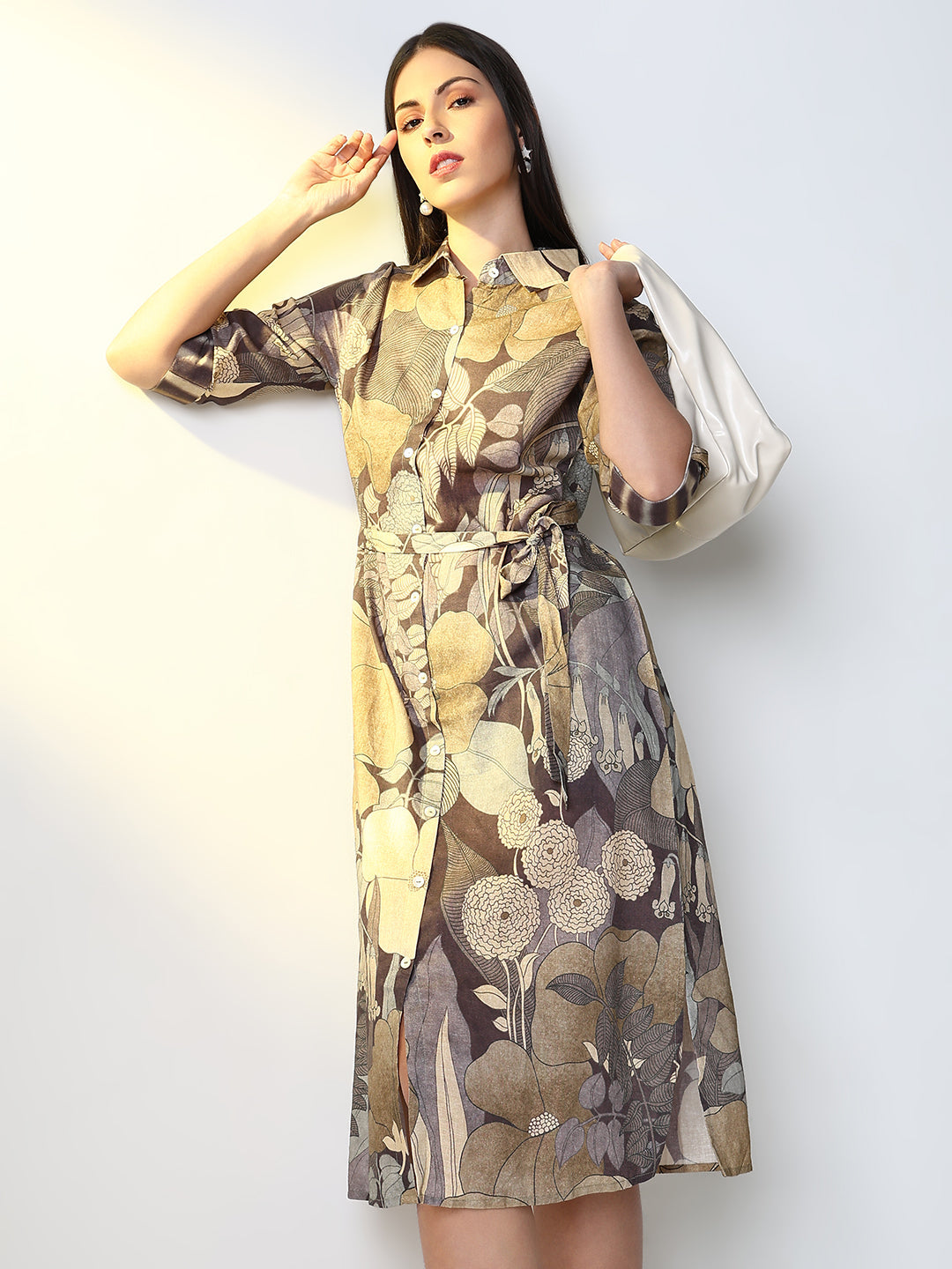 Women Grey Floral A Line Dress with Belt