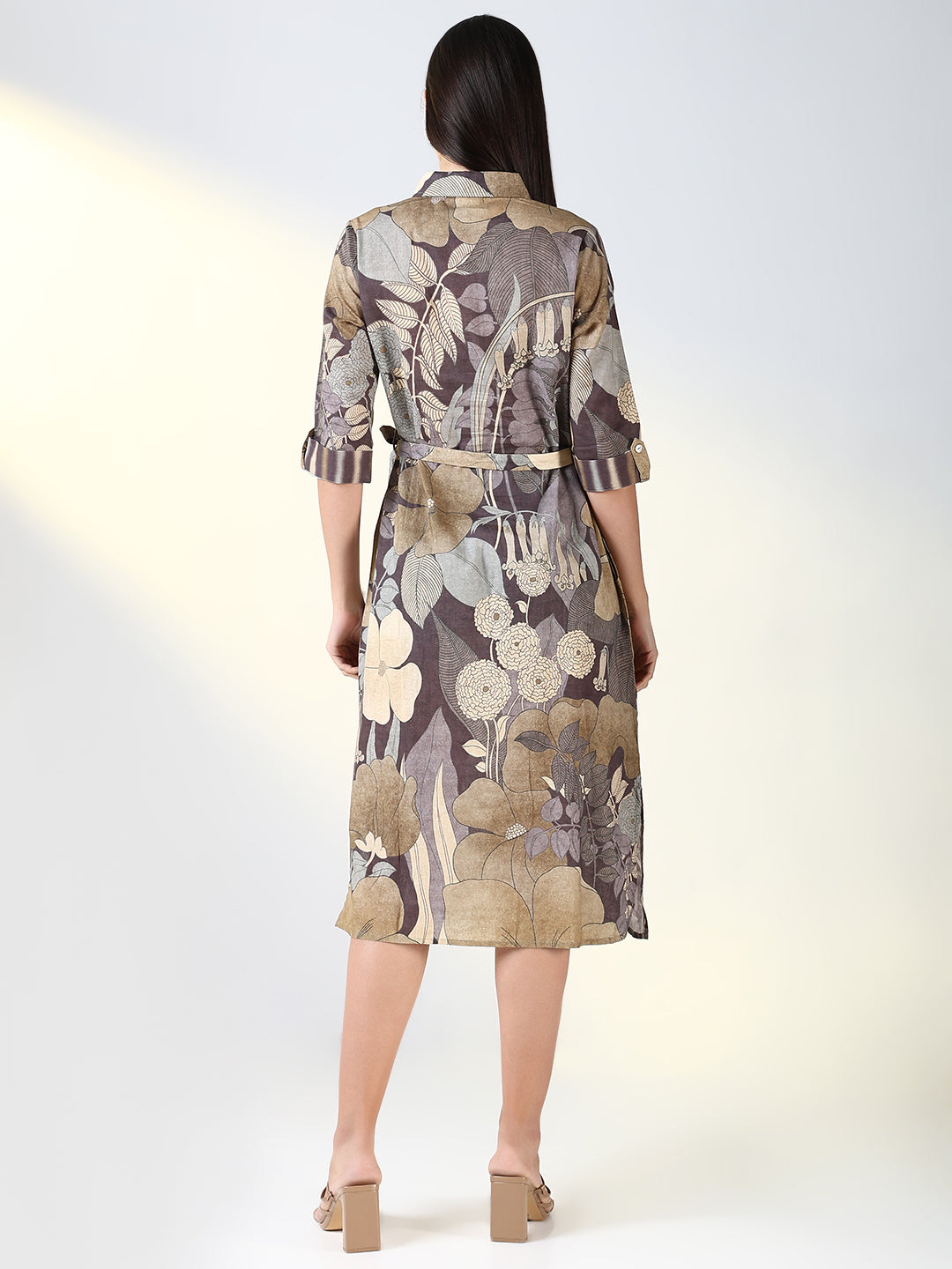 Women Grey Floral A Line Dress with Belt