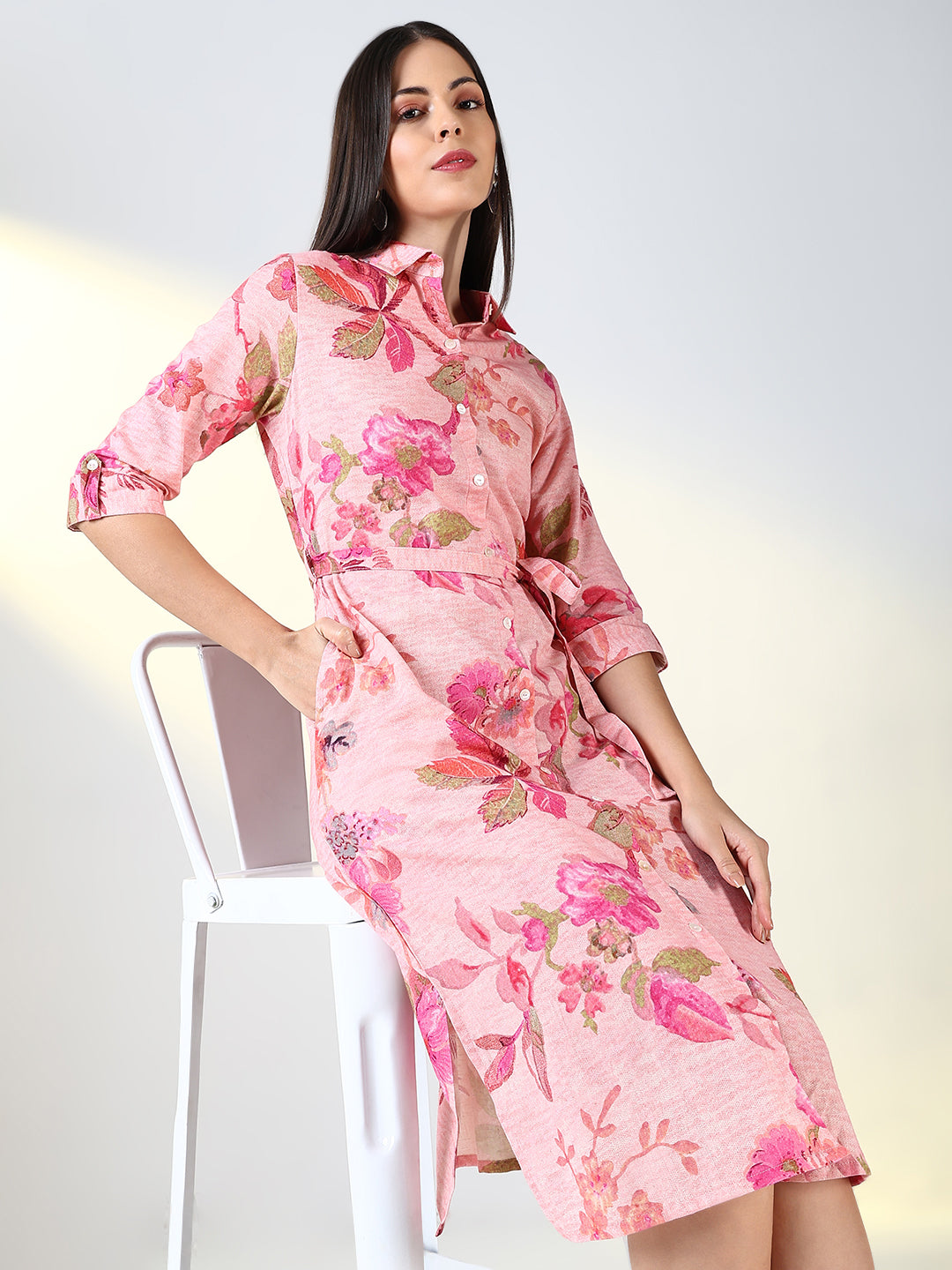 Women Pink Floral A Line Dress with Belt