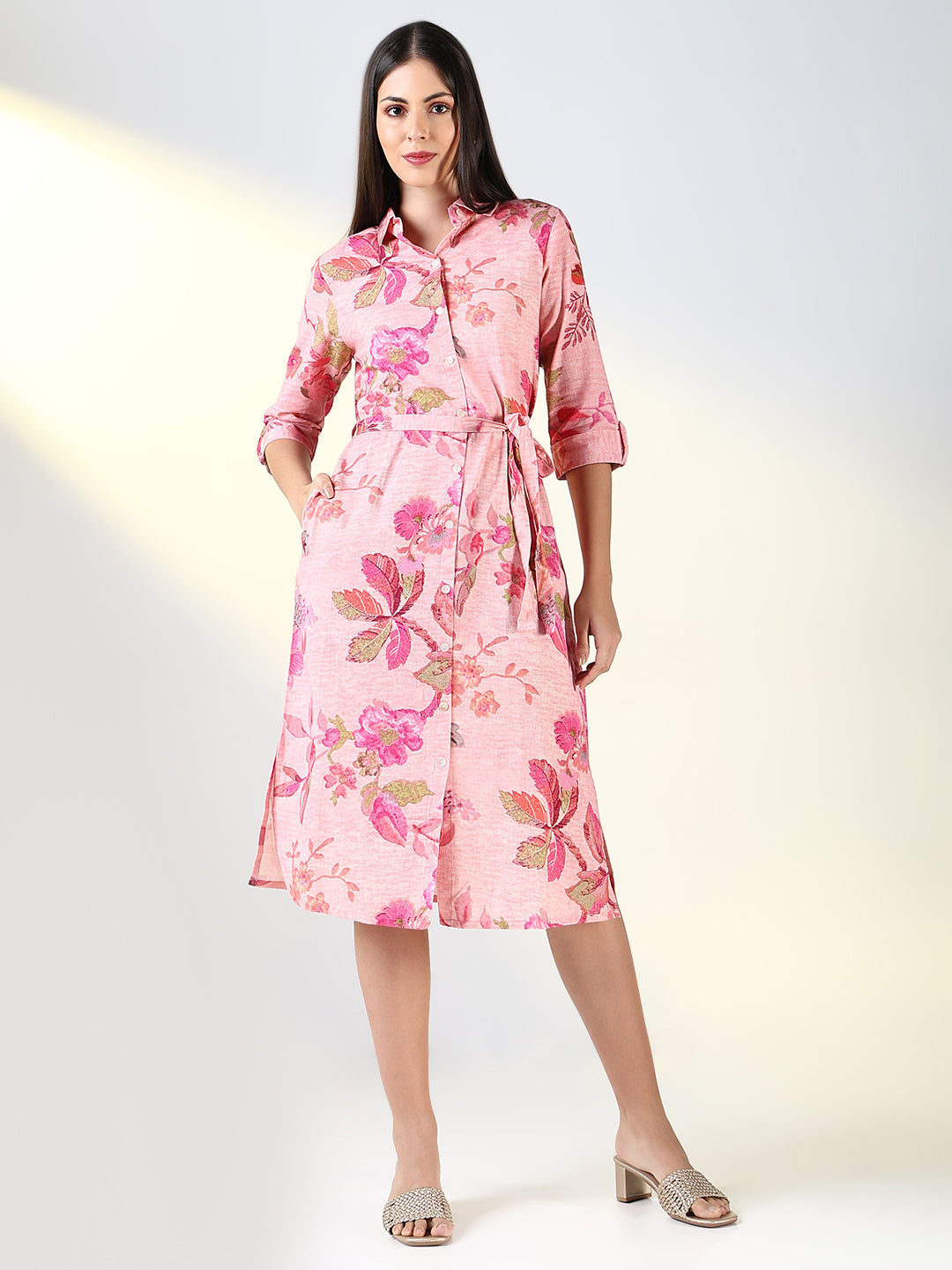 Women Pink Floral A Line Dress with Belt